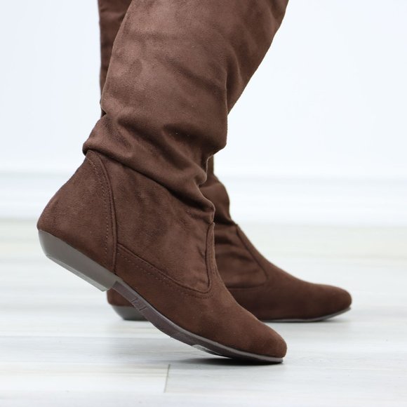 Fold Over Brown Thigh High Over The Knee Flat No Heel Boots Faux Suede Pointed - Picture 6 of 14